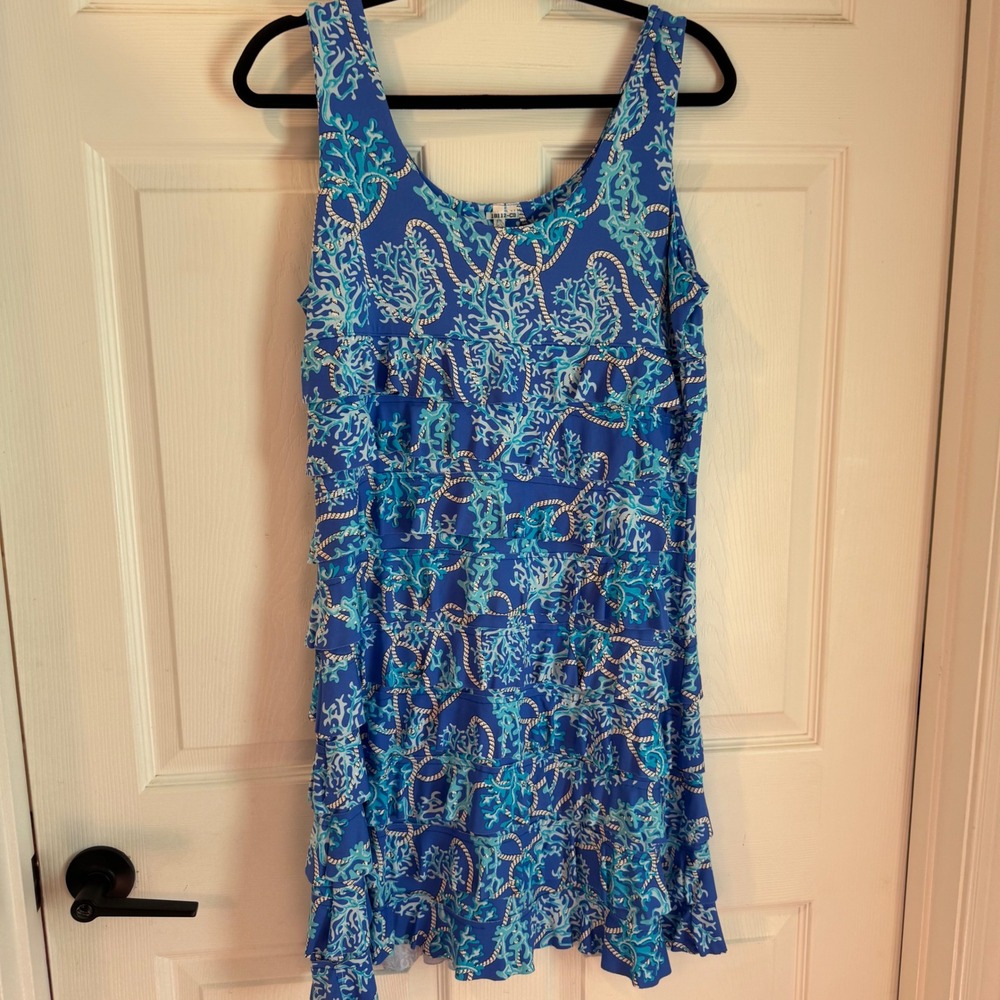Lulu-B Dress Women Medium Blue Coral Rope Nautical Tiered Ruffle Stretch 5535